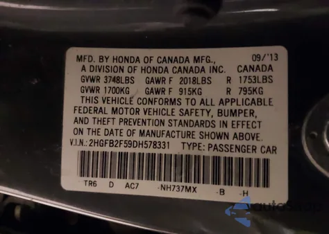 2013 Honda Civic Lx from USA, damaged, VIN 2HGFB2F59DH578331